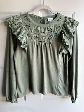 J. Crew Sage Green Eyelet Lace Yoke Top Long Sleeve